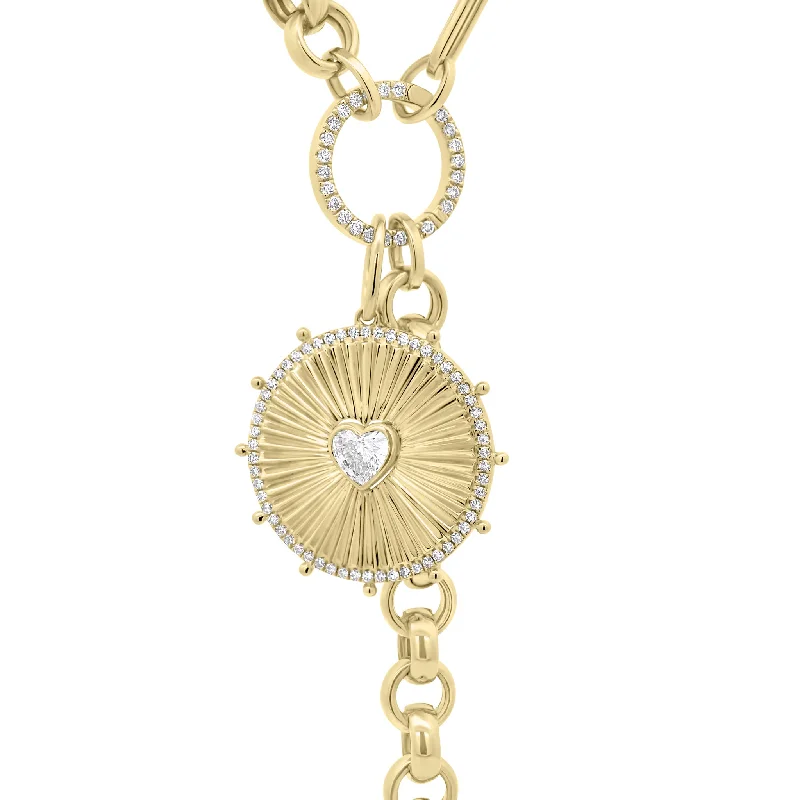 Diamond Heart Ridged Gold Disc Pendant