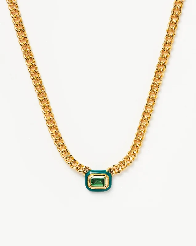 Enamel & Stone Floating Pendant Chain Necklace | 18k Gold Plated/Green Cubic Zirconia