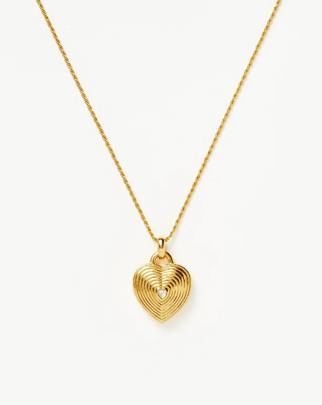 Engravable Heart Ridge Locket Pendant Necklace | 18k Gold Vermeil/Rainbow Moonstone