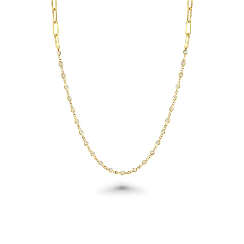 25 Stone Diamonds By The Yard Station Necklace & Half Paper Clip Chain (1.00 ct.) Bezel Set in 14K Gold