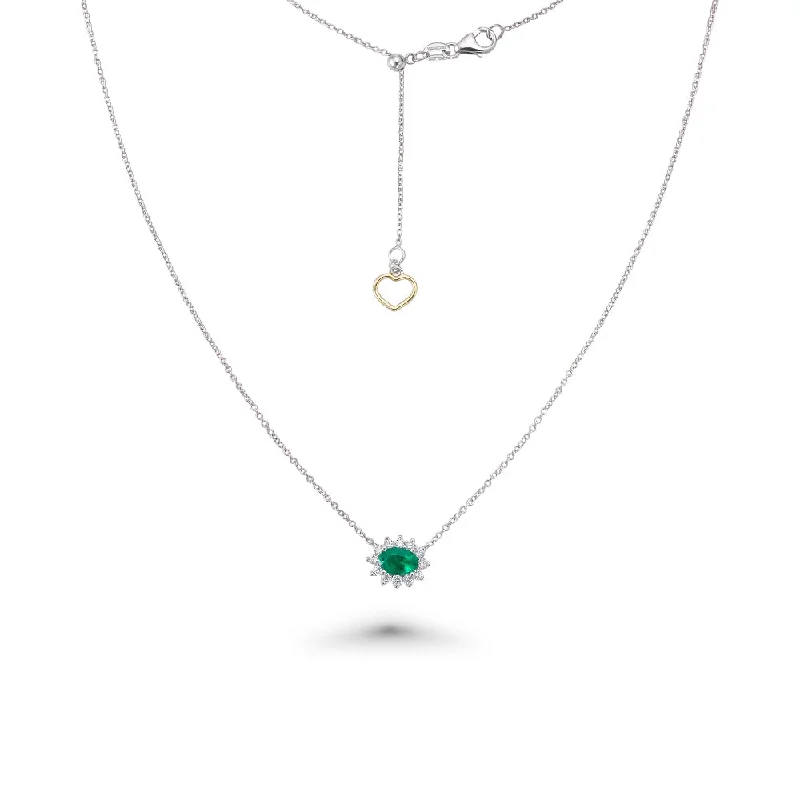 Oval Shape Emerald & Diamond Necklace (0.60 ct.) in 18K Gold