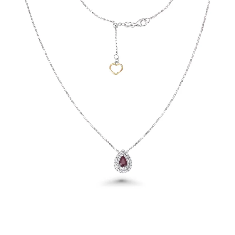 Pear Shape Red Ruby With Diamond Halo Necklace (0.73 ct.) in 18K Gold