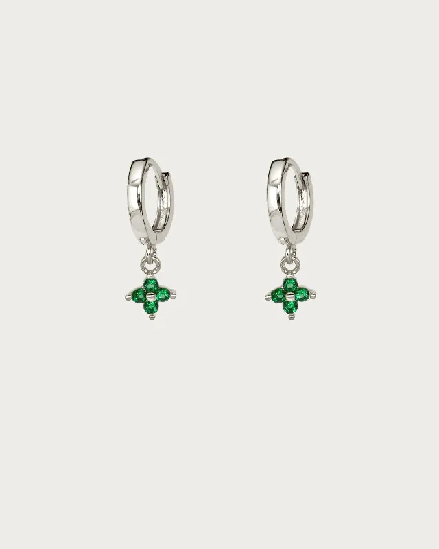 Green Clover Hoop Earrings in Silver