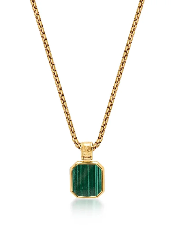 Gold Necklace with Square Malachite Pendant