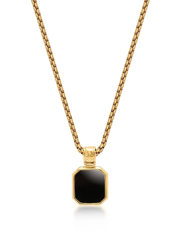 Gold Necklace with Square Onyx Pendant