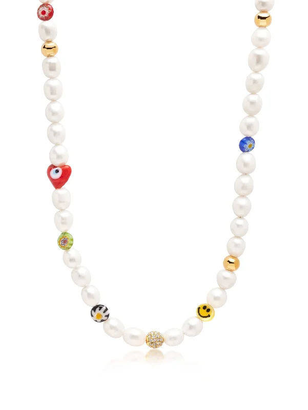 Men's Smiley Face Pearl Choker with Assorted Beads