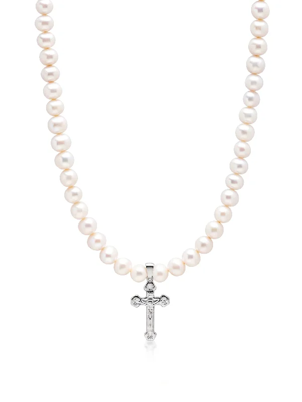 Pearl Necklace with Silver Cross