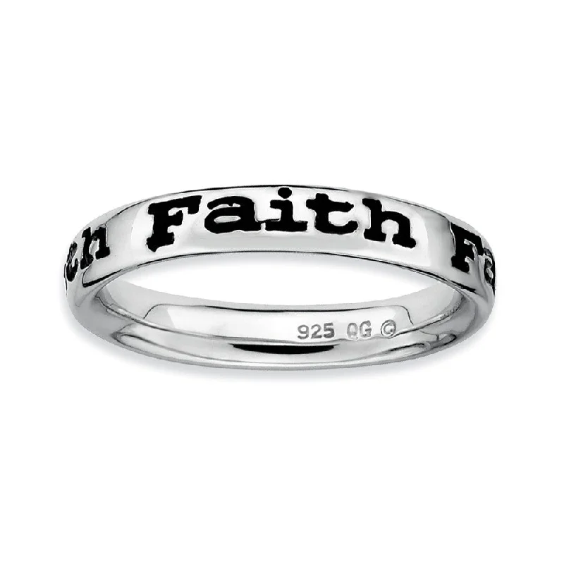 Sterling Silver and Black Enameled Stackable Faith Band