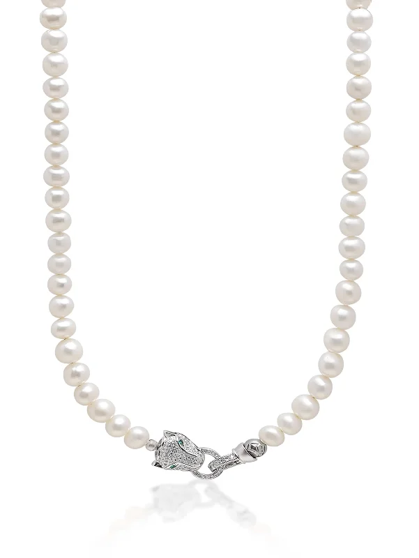 White Pearl Necklace with Silver Panther Head Lock