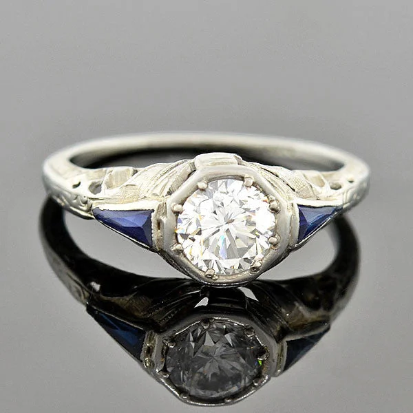 Crystal Pendant Art Deco 18kt Diamond & Sapphire Engagement Ring .82ct