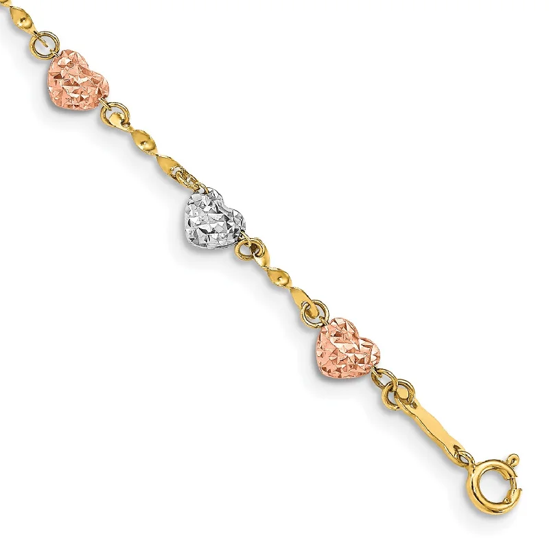 14KT Gold Tri-Color 7-inch 4MM Fancy Diamond-cut Heart Bracelet