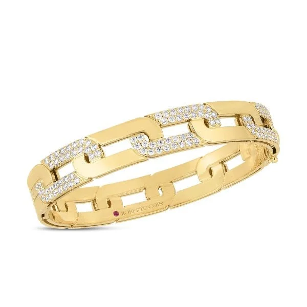 18K YELLOW GOLD NAVARRA LARGE ALTERNATING DIAMOND LINK WIDE BANGLE