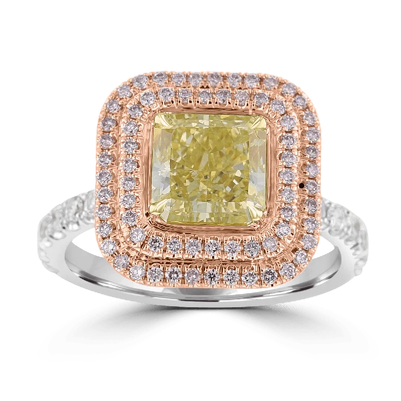 Gold Chain 18KT TWO-TONE GOLD 2.75 CTW GREENISH YELLOW & PINK DIAMOND DOUBLE HALO RING