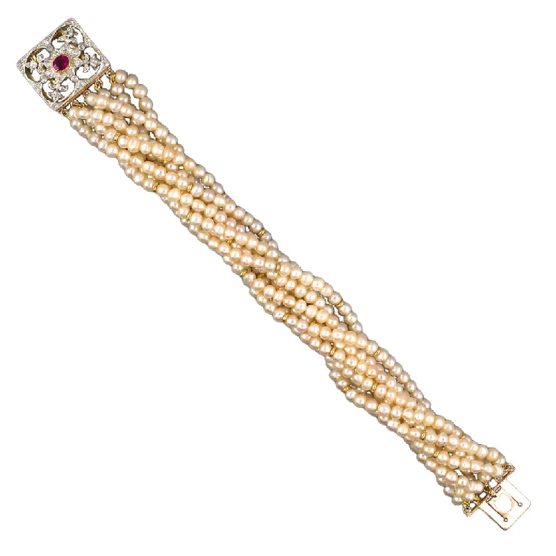 Victorian 8-Strand Pearl Torsade Bracelet with Ruby & Diamond Clasp