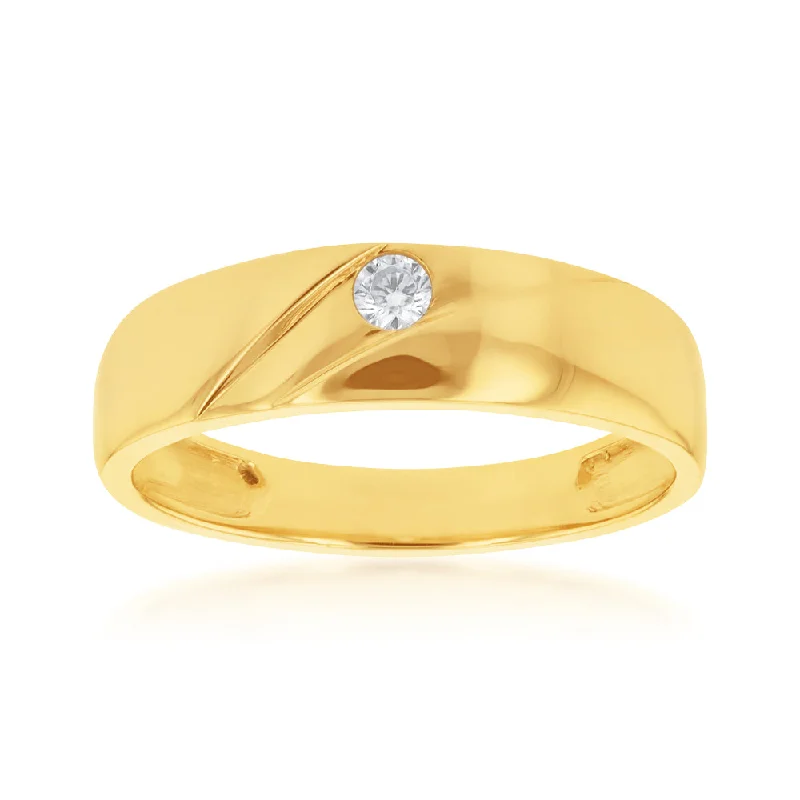 Silver Chain 9ct Yellow Gold Round Cubic Zirconia Gents Ring