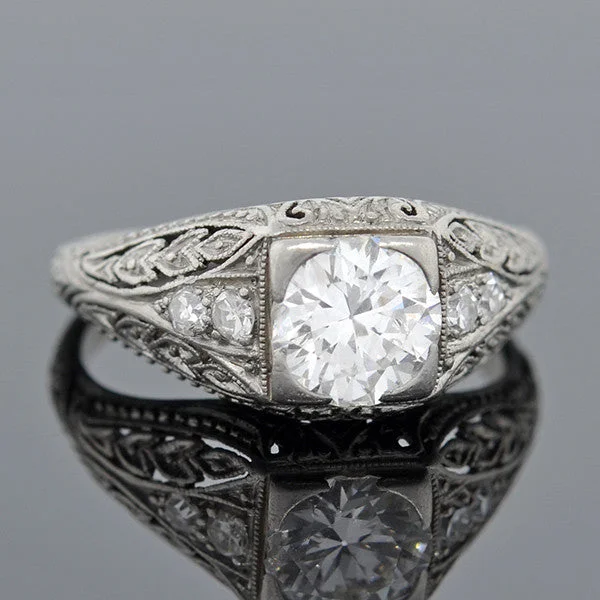 Unique Jewelry Art Deco Platinum & Diamond Engagement Ring .88ct