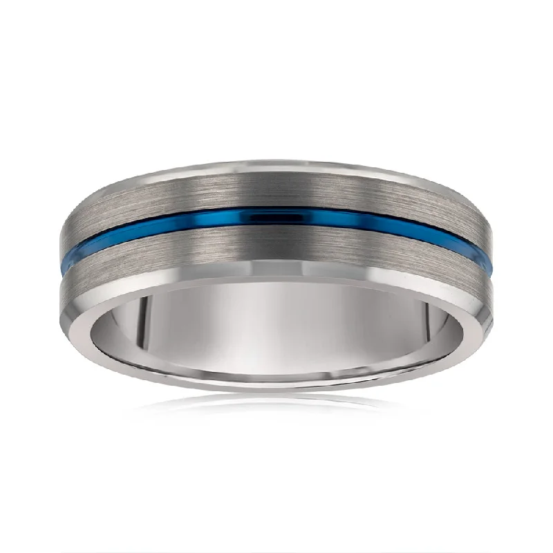 Handmade Jewelry Blue Stripe 6mm Tungsten Ring