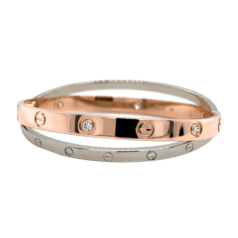 Estate Cartier Double LOVE Bracelet, Diamond Rose and White Gold, SZ 17