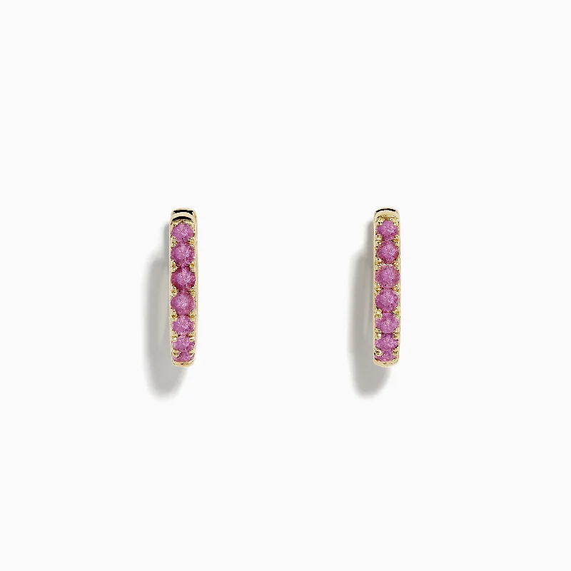 14k Yellow Gold Pink Sapphire Huggie Earrings