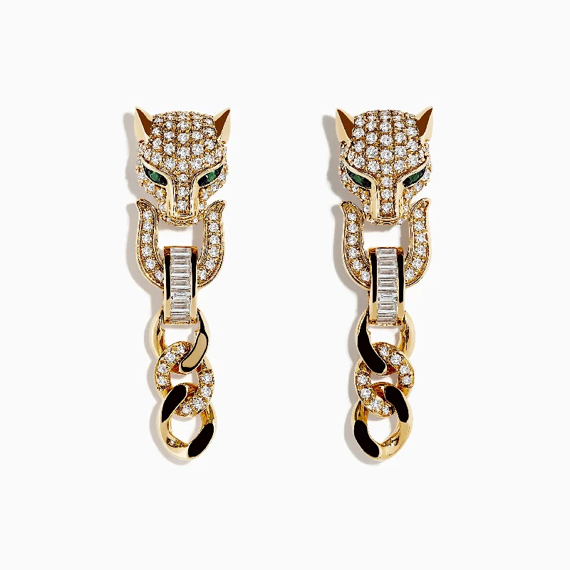 Signature 14K Yellow Gold Diamond and Emerald Panther Earrings