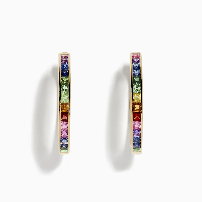 Watercolor 14k Gold Princess Cut Multi Sapphire Hoop Earrings