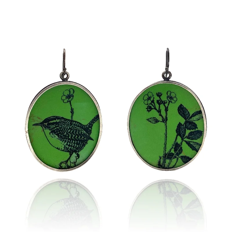 Green Floral and Bird Earrings