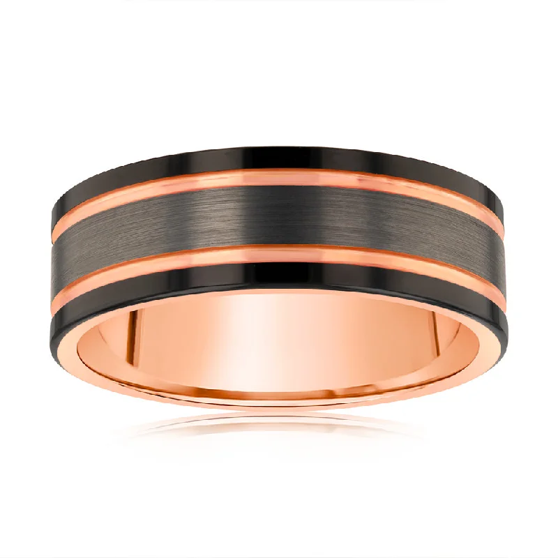 Fashion Jewelry Grey And Black Strips 8mm Wide Rose Gold Tungsten Ring