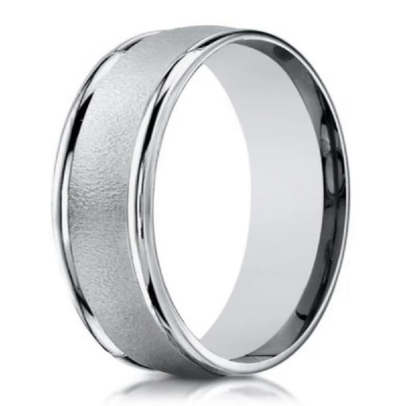 Black Onyx Ring 10K White Gold Men's Wedding Band With Sandblasted Center | 6mm