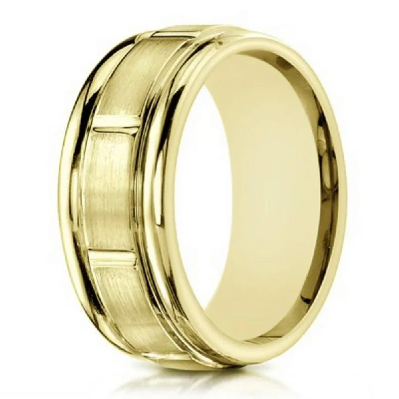 Fashionable Earrings 10K Yellow Men's Gold Wedding Band With Vertical Grooves | 6mm