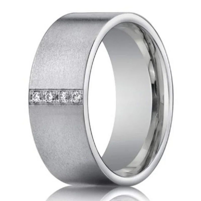 Engagement Ring 14K White Gold Wedding Ring with 4 Diamonds for Men | 8mm width