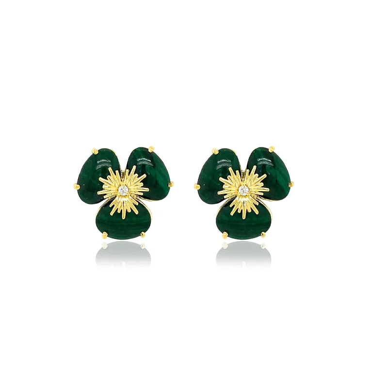 Malachite Flower Pansy Earrings, 18K Yellow Gold