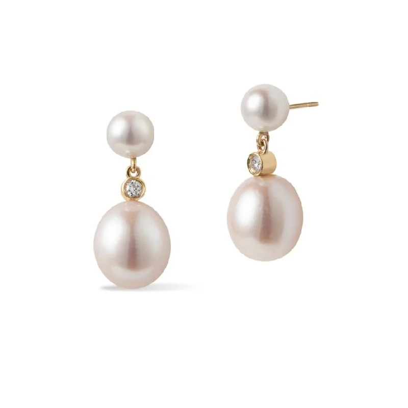 Oval Duo 18K Gold Drop Earrings w. Pearls & Diamonds