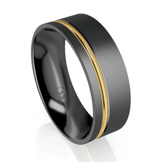 Personalized Bracelet Offset Stripe Black Zirconium & Gold Wedding Ring