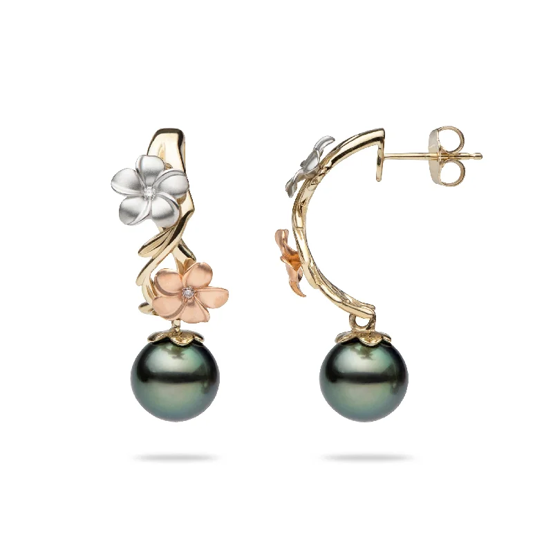 Pearls in Bloom Plumeria Tahitian Black Pearl Earrings in Tri Color Gold with Diamonds - 23mm