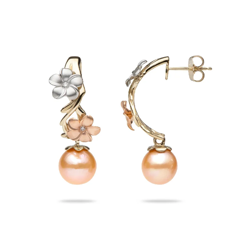 Pearls in Bloom Plumeria Peach Freshwater Pearl Earrings in Tri Color Gold with Diamonds- 23mm