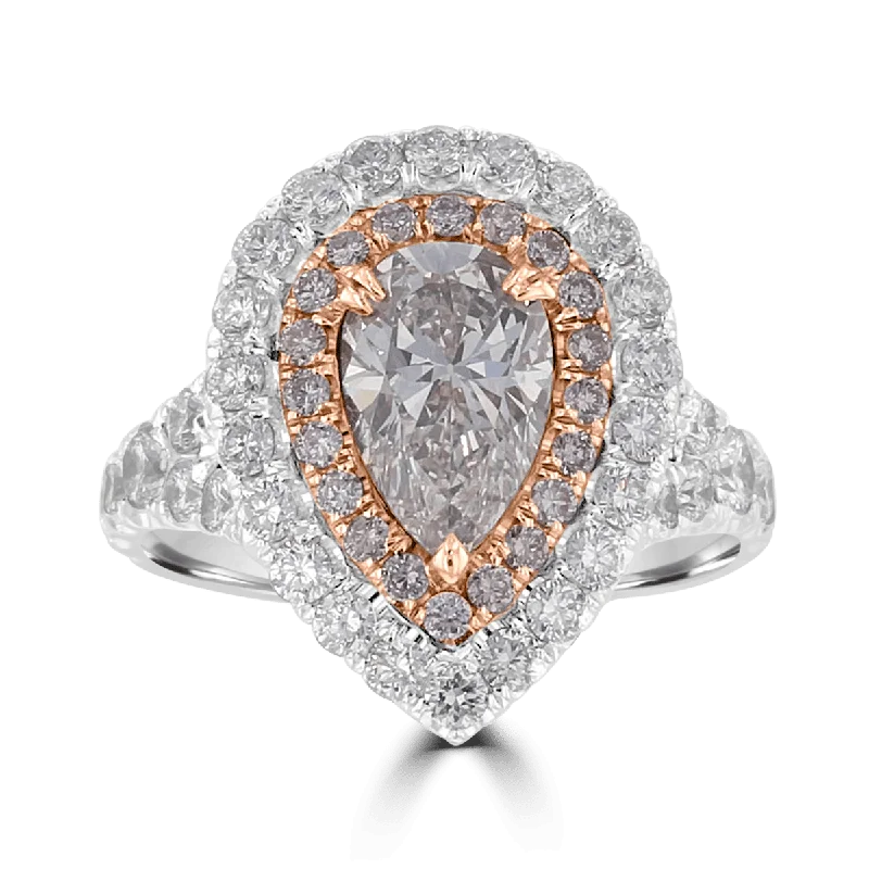 Zirconia Ring PLATINUM & 18KT GOLD 3.15 CTW LIGHT PINKISH BROWN DIAMOND DOUBLE HALO RING