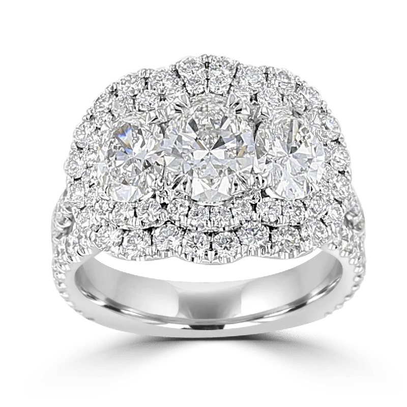 White Gold Ring Platinum 3.76 CTW Diamond 3 Stone Double Halo Ring