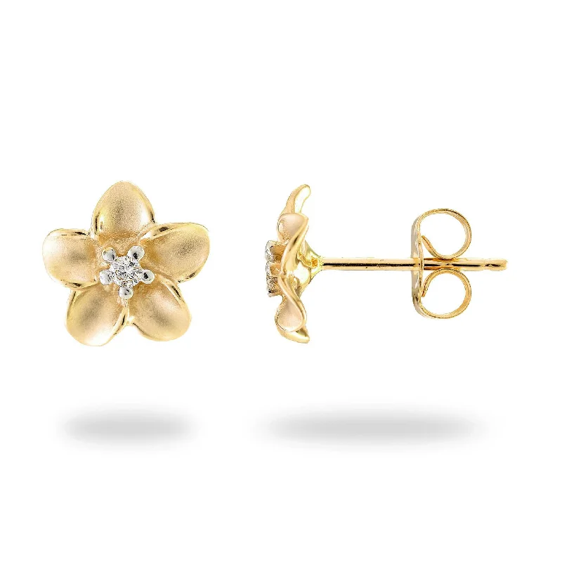 Plumeria Earrings in Gold with Diamonds - 9mm