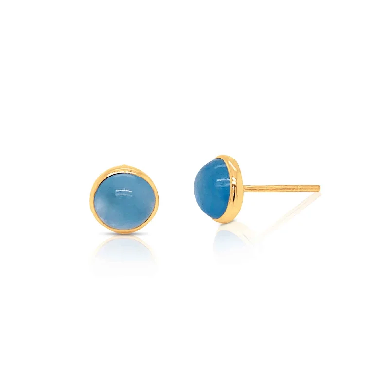 Round Aquamarine Stud Earrings, 8 MM, 18K Yellow Gold