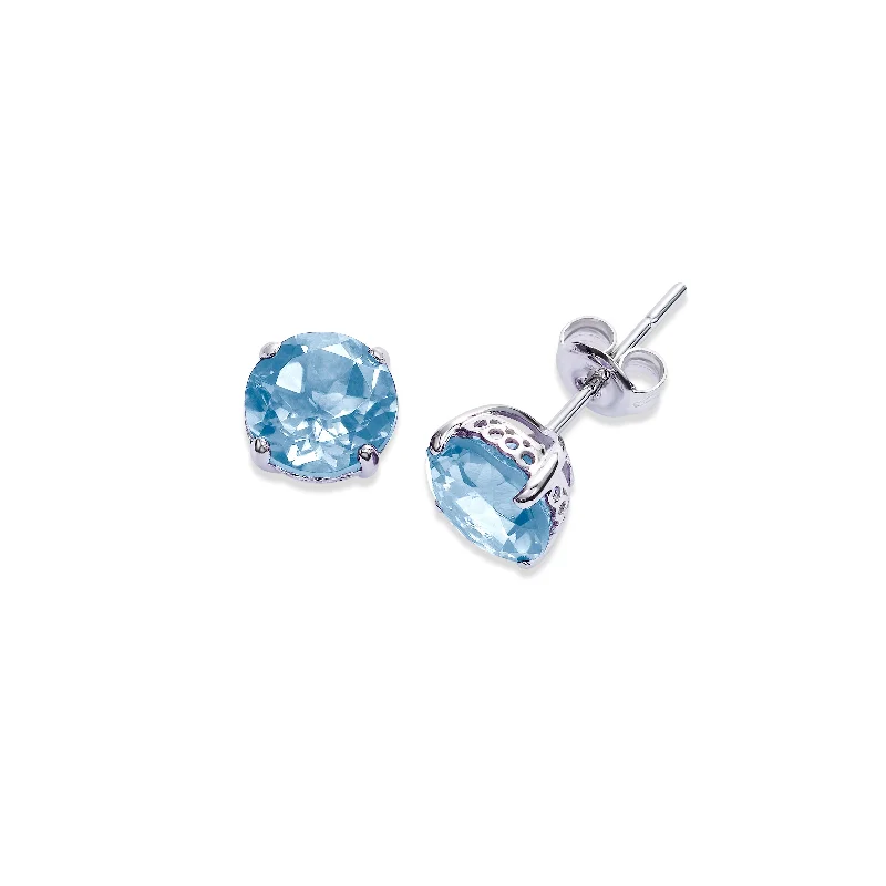 Round Blue Topaz Stud Earrings, 6 MM, 14K White Gold