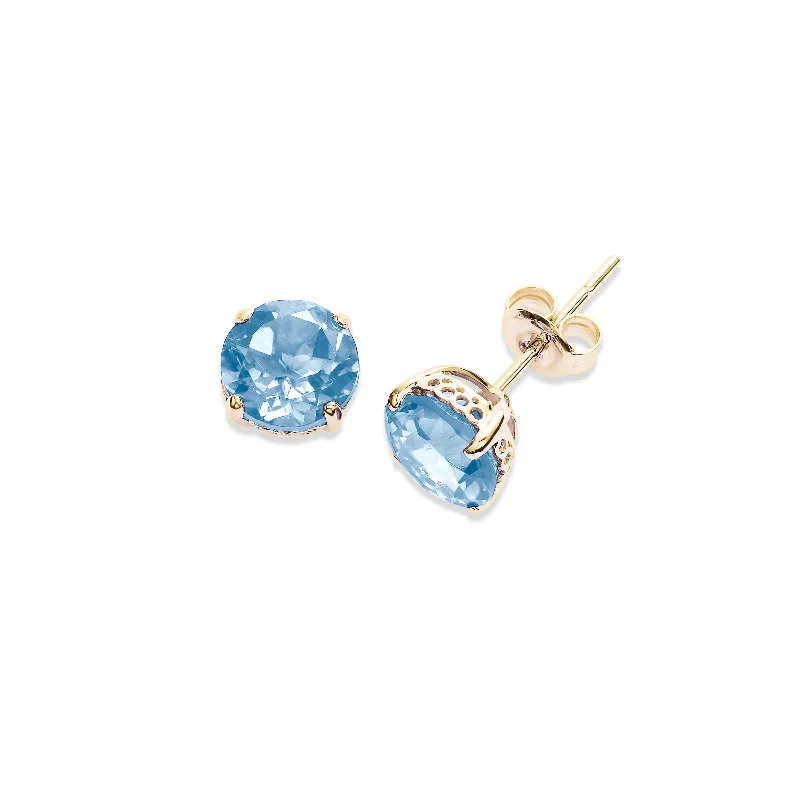 Round Blue Topaz Stud Earrings, 6 MM, 14K Yellow Gold