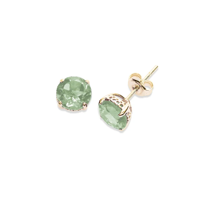 Round Prasiolite Stud Earrings, 6 MM, 14K Yellow Gold