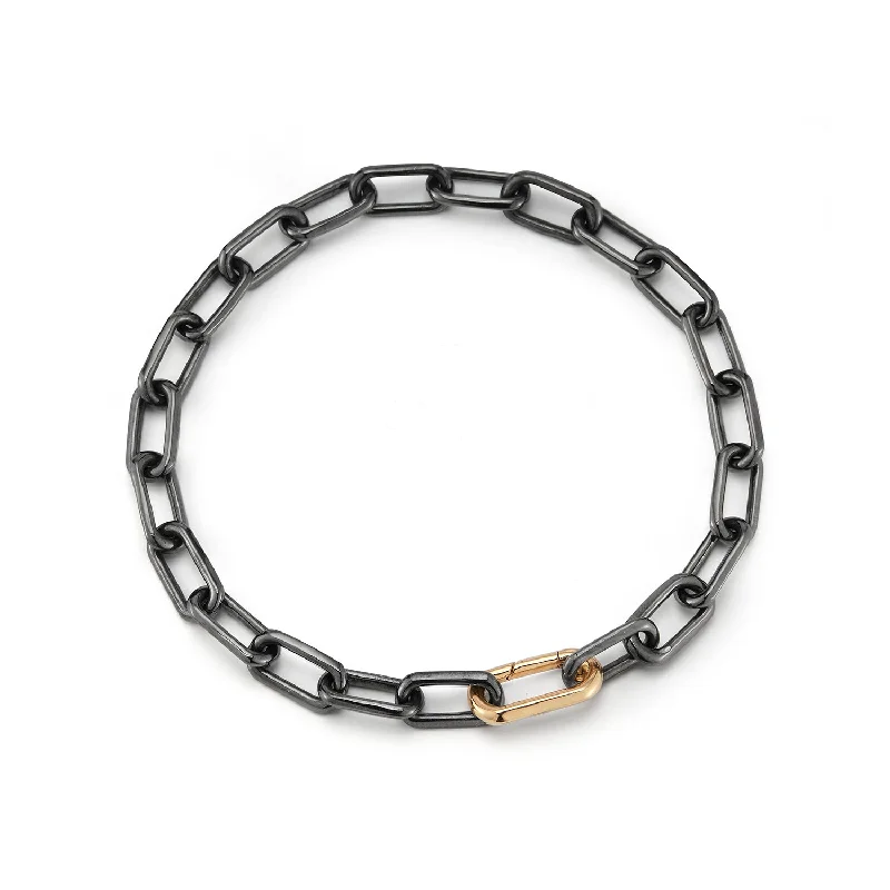 SAXON BLACK RHODIUM LINK BRACELET WITH 18K ROSE GOLD ELONGATED SPRING LOADED CLASP