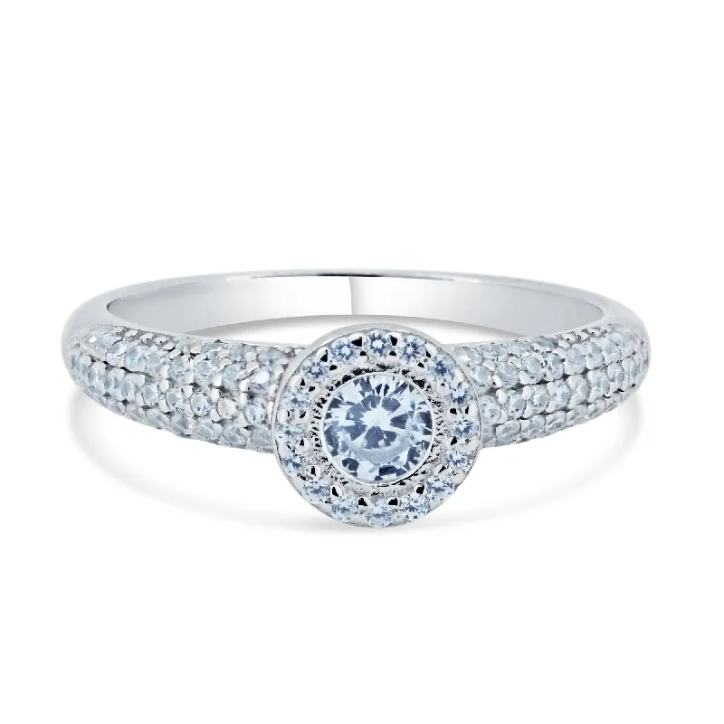 Solitaire Ring Rhodium Plated 925 Sterling Silver  Halo Micro Pave Engagement CZ Encrusted Ring - STR01168