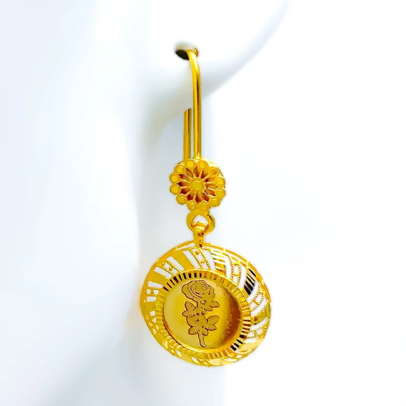 Stately Striped Coin 21k Gold Hook Earrings