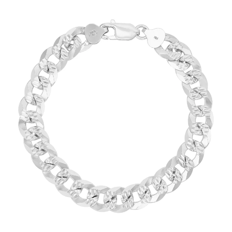 Sterling Silver 8.5-inch 10MM Diamond-cut Pave Curb Bracelet