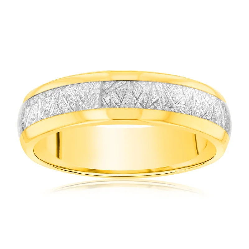 Minimalist Ring Textured Silver Stripe Gold Polished 6mm Tungsten Ring