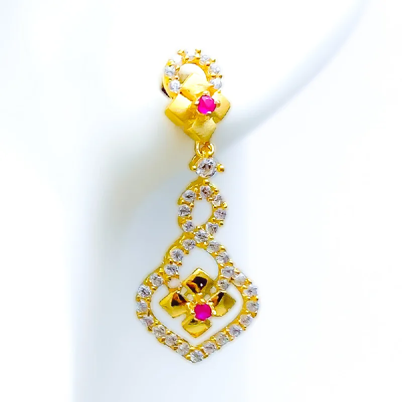 Unique Dangling Flower 22k Gold CZ Hanging Earrings