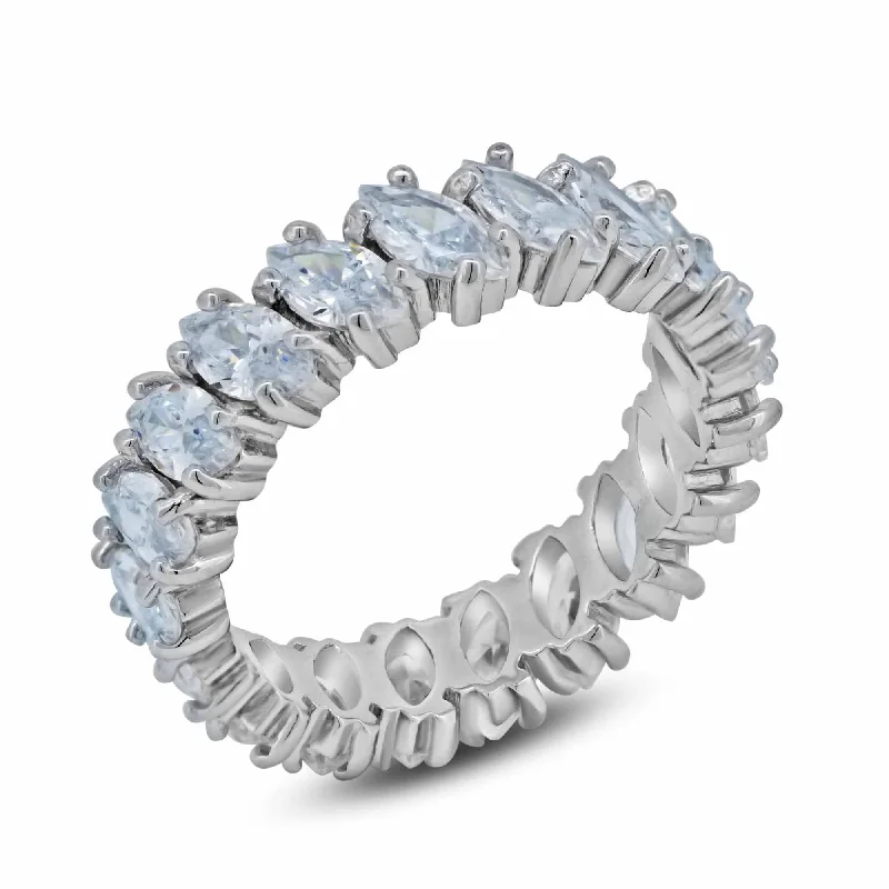 Vintage Jewelry Rhodium Plated 925 Sterling Silver Clear Marquise CZ Eternity Bridal Ring - BGR00096