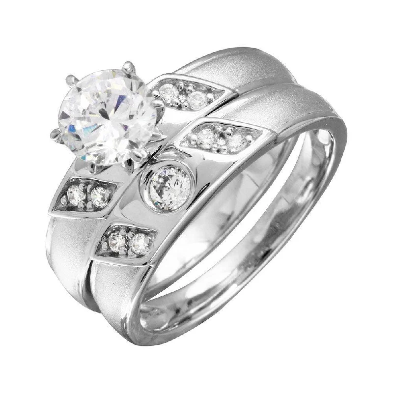 Classic Diamond Ring Rhodium Plated 925 Sterling Silver Slash CZ Trios Bridal CZ Ring - GMR00192